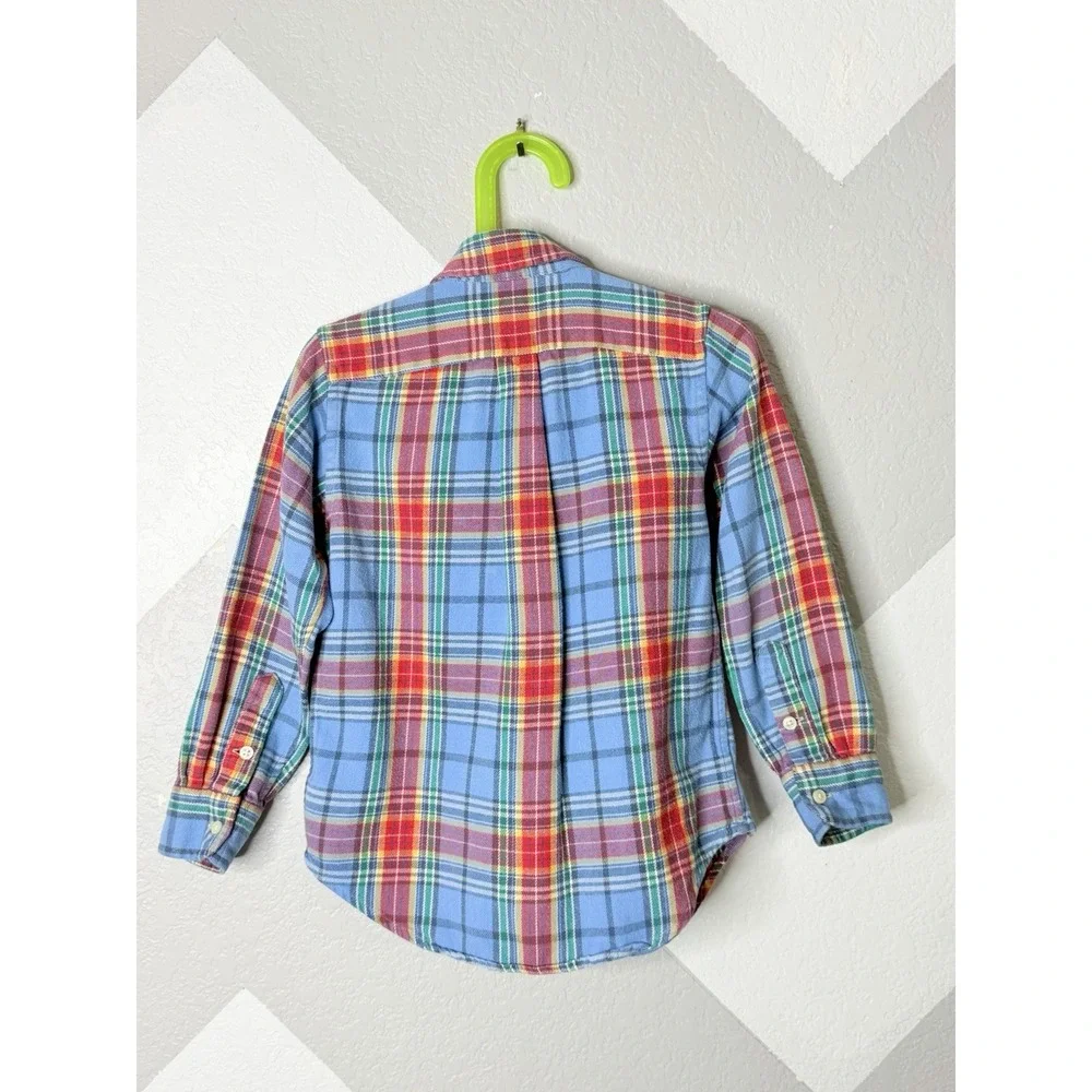 Ralph Lauren Boys Size 5 Plaid Flannel Shirt Blue Red Cotton Twill Button Down
